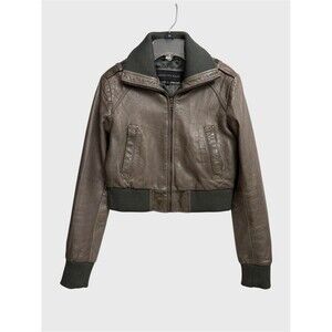 American Base Leather Bomber Jacket Y2K Women’s L (XS/S) Taupe Cropped Aviator